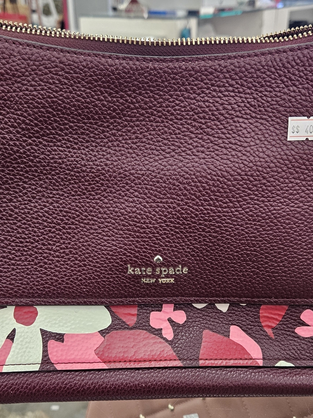 kate spade Plum Pebbled Leather Shoulder Bag with Floral Trim